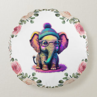 Cute Baby Elephant with Glasses and Beanie Round Cushion