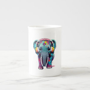 Cute Baby Elephant with Headphones Bone China Mug