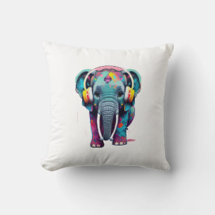 Cute Baby Elephant with Headphones Cushion