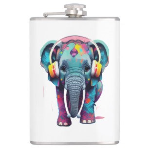Cute Baby Elephant with Headphones Hip Flask