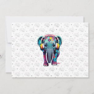 Cute Baby Elephant with Headphones Invitation