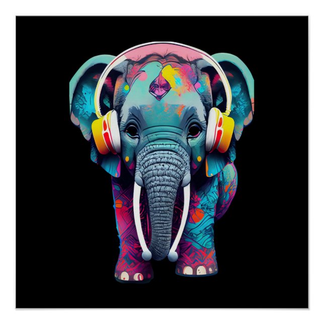 Cute Baby Elephant with Headphones Poster (Front)