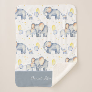 Cute Baby Elephant with Mommy Watercolor Sherpa Blanket