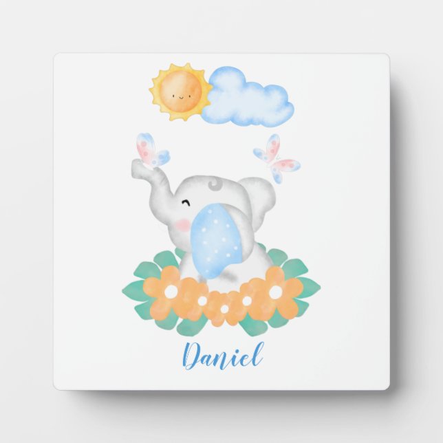 Cute Baby Elephant with orange flowers Plaque  (Front)