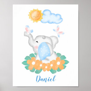 Cute Baby Elephant with orange flowers poster