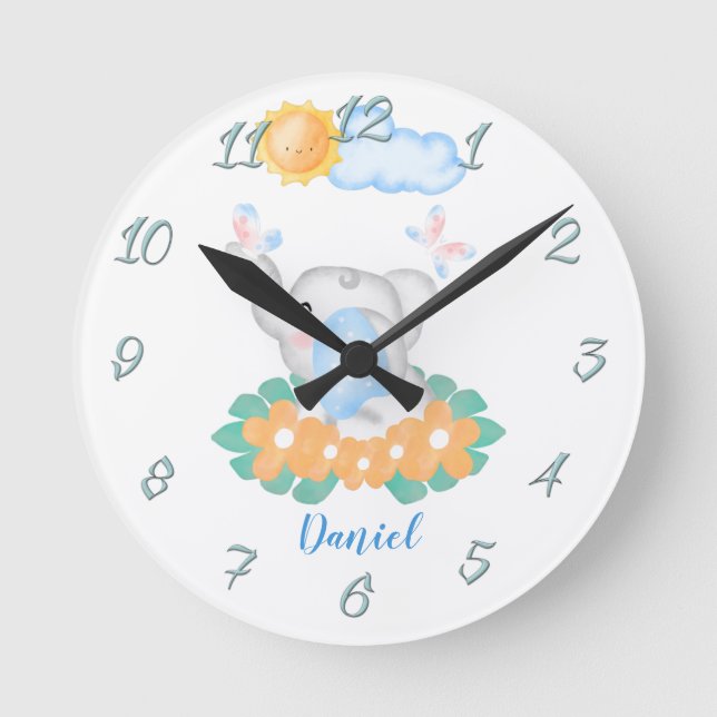 Cute Baby Elephant with orange flowers Wall Clock (Front)