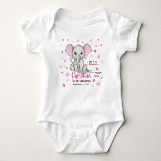Cute Baby Elephant with Pink Ears Girl Birth Stats Baby Bodysuit (Front)