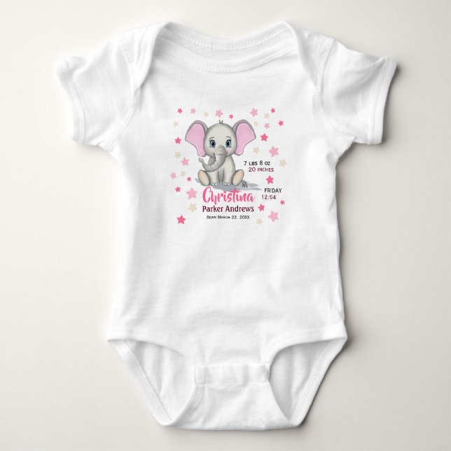 Cute Baby Elephant with Pink Ears Girl Birth Stats Bodysuit (Front)