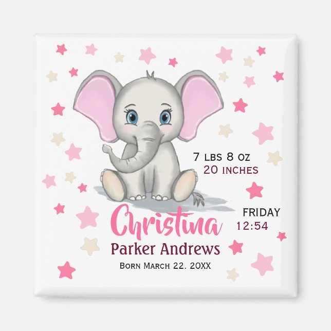Cute Baby Elephant with Pink Ears Girl Birth Stats Magnet (Front)