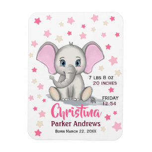 Cute Baby Elephant with Pink Ears Girl Birth Stats Magnet