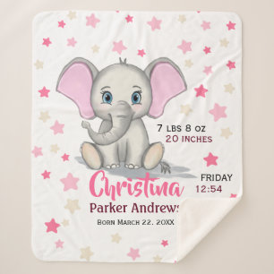 Cute Baby Elephant with Pink Ears Girl Birth Stats Sherpa Blanket