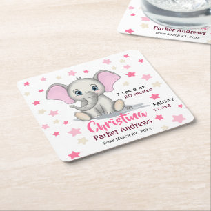 Cute Baby Elephant with Pink Ears Girl Birth Stats Square Paper Coaster