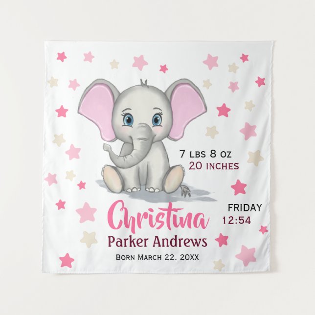 Cute Baby Elephant with Pink Ears Girl Birth Stats Tapestry (Front)