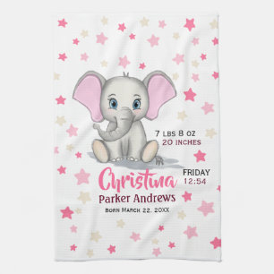 Cute Baby Elephant with Pink Ears Girl Birth Stats Tea Towel
