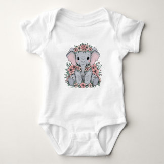 Cute Baby Elephant with Pink Flowers Baby Bodysuit