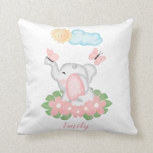Cute Baby Elephant with pink flowers Cushion