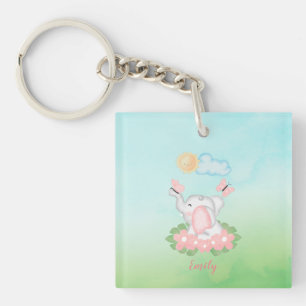 Cute Baby Elephant with pink flowers  Key Ring