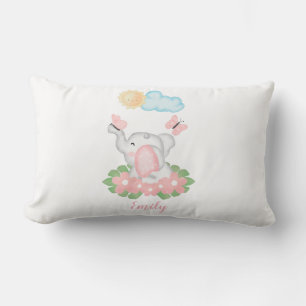 Cute Baby Elephant with pink flowers  Lumbar Cushion