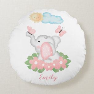 Cute Baby Elephant with pink flowers  Round Cushion