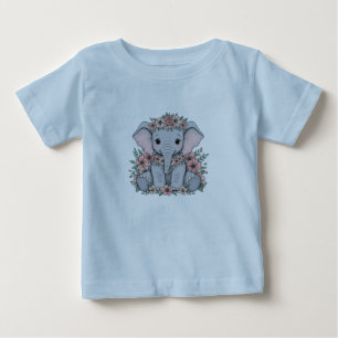 Cute Baby Elephant with Pink Flowers T-Shirt