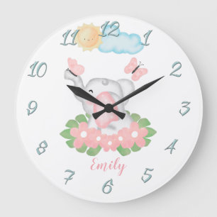 Cute Baby Elephant with pink flowers Wall Clock