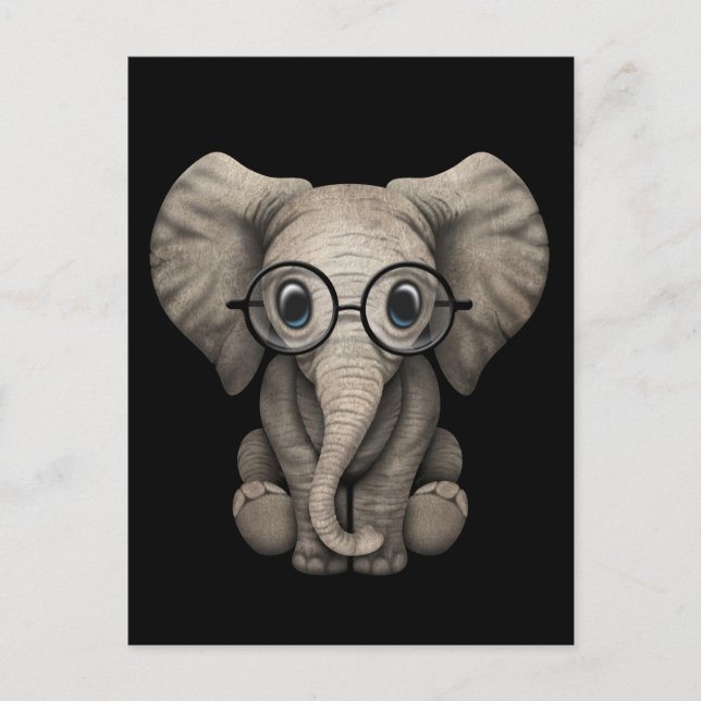 Cute Baby Elephant with Reading Glasses Black Postcard (Front)