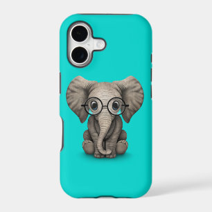 Cute Baby Elephant with Reading Glasses Blue
