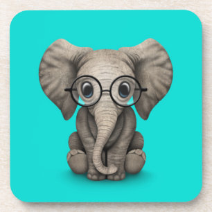 Cute Baby Elephant with Reading Glasses Blue Coaster