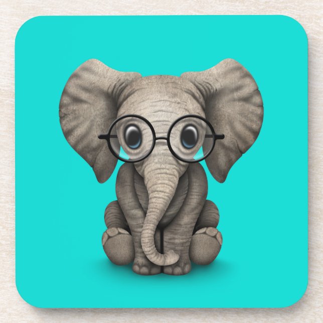 Cute Baby Elephant with Reading Glasses Blue Coaster (Front)