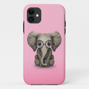 Cute Baby Elephant with Reading Glasses Pink iPhone 11 Case