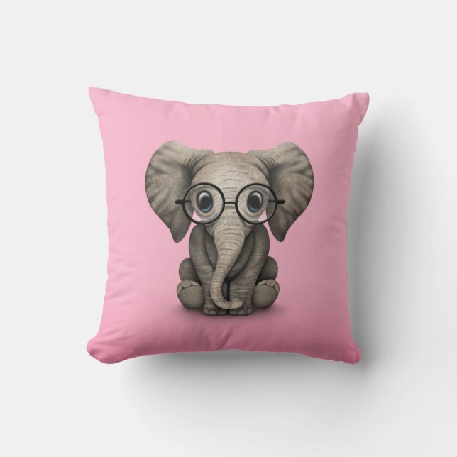 Cute Baby Elephant with Reading Glasses Pink Cushion (Front)