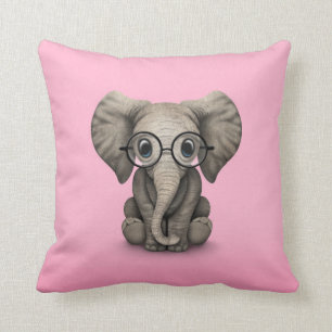 Cute Baby Elephant with Reading Glasses Pink Cushion