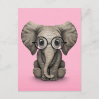 Cute Baby Elephant with Reading Glasses Pink
