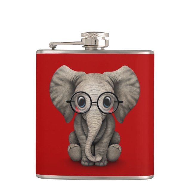 Cute Baby Elephant with Reading Glasses Red Hip Flask (Front)