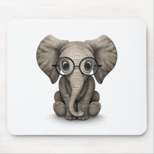 Cute Baby Elephant with Reading Glasses White Mouse Pad