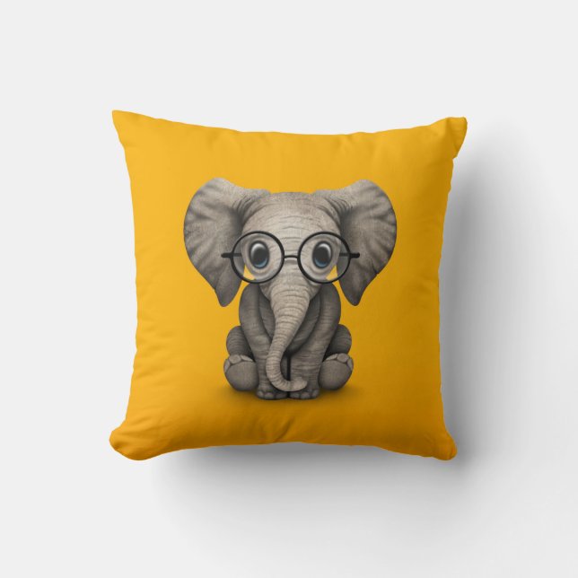 Cute Baby Elephant with Reading Glasses Yellow Cushion (Front)