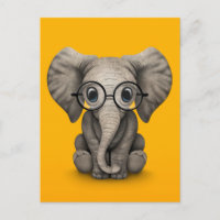 Cute Baby Elephant with Reading Glasses Yellow