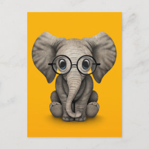 Cute Baby Elephant with Reading Glasses Yellow Postcard