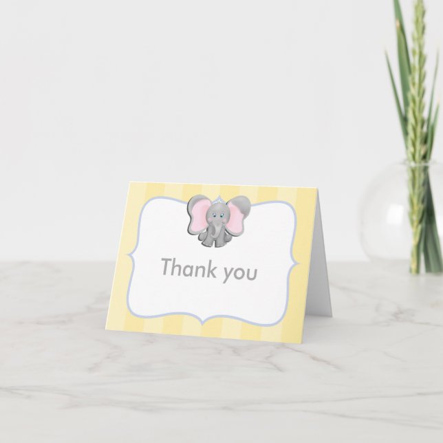 Cute Baby Elephant Yellow Thank You Fold Card (Front)