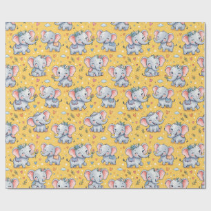Cute Baby Elephants Floral Seamless Pattern Wrapping Paper
