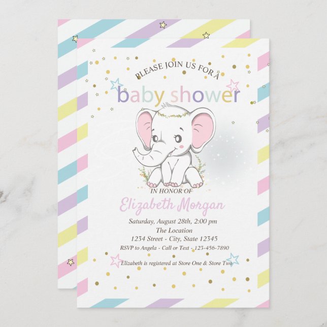 Cute Baby Elephants Stars Baby Shower Invitation (Front/Back)