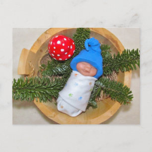 Cute Baby Elf on Pine with Toadstool: Polymer Clay Postcard