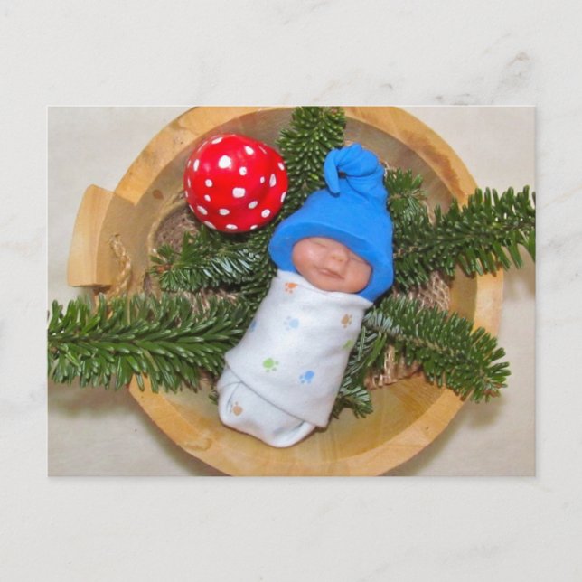 Cute Baby Elf on Pine with Toadstool: Polymer Clay Postcard (Front)