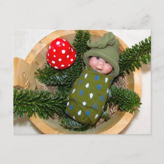 Cute Baby Elf on Pine with Toadstool: Polymer Clay Postcard (Front)