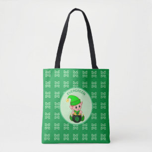 Cute baby elf with clovers & gold coins on green tote bag
