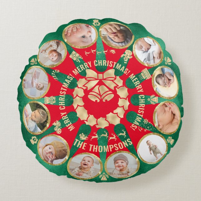 Cute Baby Family Milestone 12 Photo Collage Wreath Round Cushion (Front)