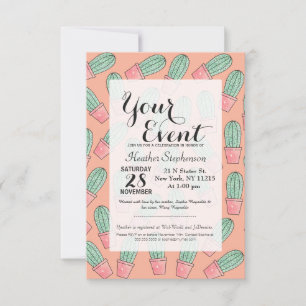 Cute Baby Faux Sparkly Cactus on Coral Pink Invitation