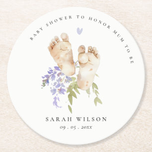 Cute Baby Feet Blue Floral Boy Baby Shower Round Paper Coaster