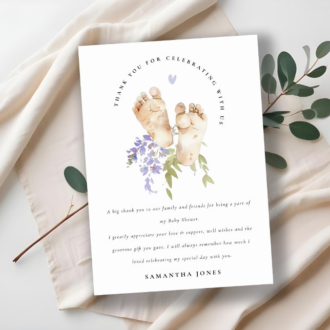 Cute Baby Feet Blue Floral Boy Baby Shower Thank You Card (Creator Uploaded)