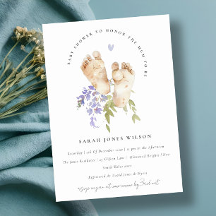 Cute Baby Feet Blue Floral Foliage Boy Baby Shower Invitation